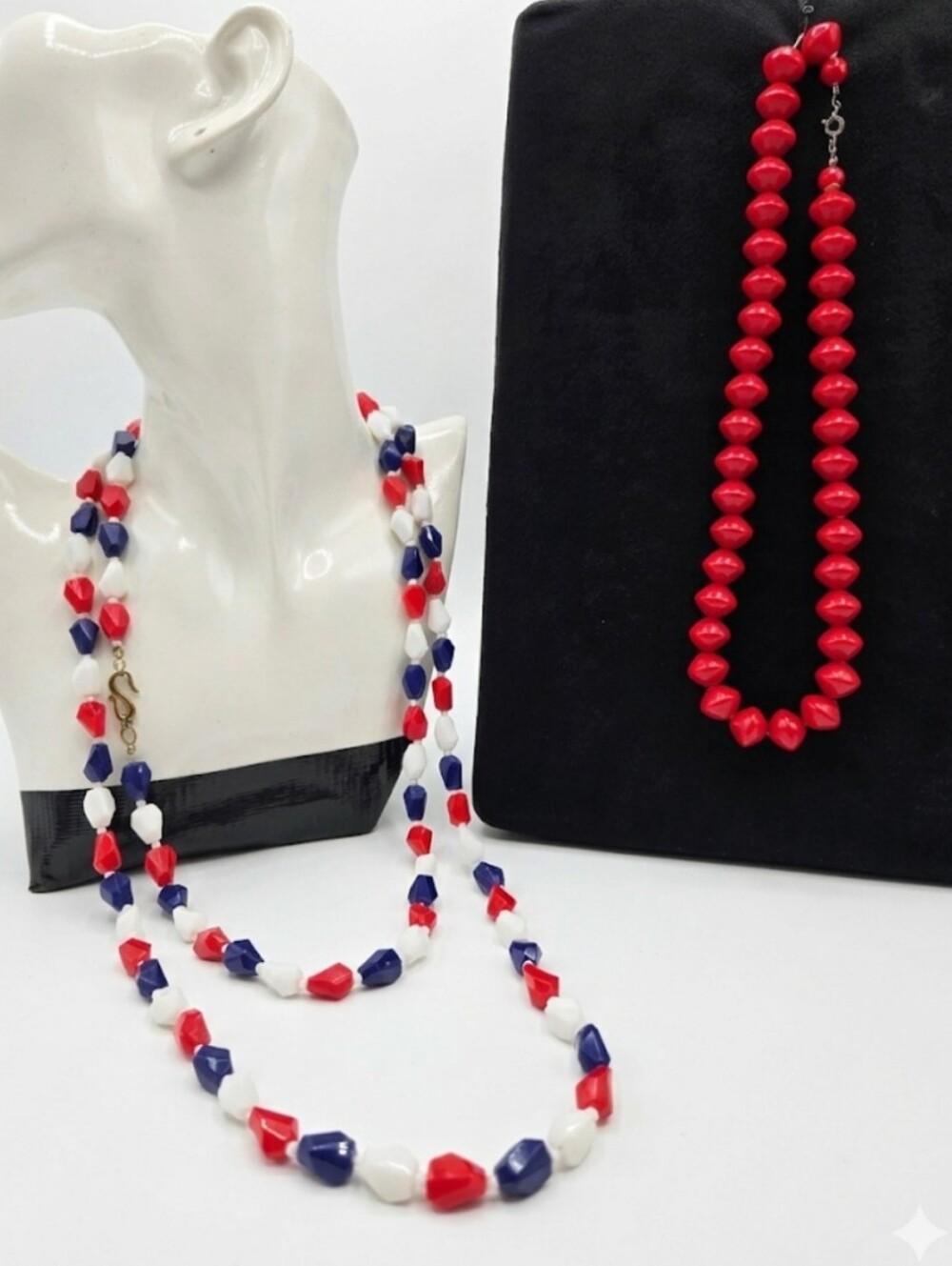 Vintage 70s Americana Jewelry Bundle: Red Wood & Tricolor Beaded Necklace Set